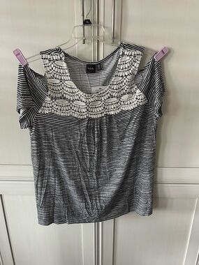 Rafaella Black & White Striped Cold-Shoulder Top with Crocheted Yoke